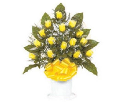 Cemetery Silk Flower YELLOW ROSEBUDS in Hoop Handle for Grave-site Presentation in Remembrance of Loved Ones -