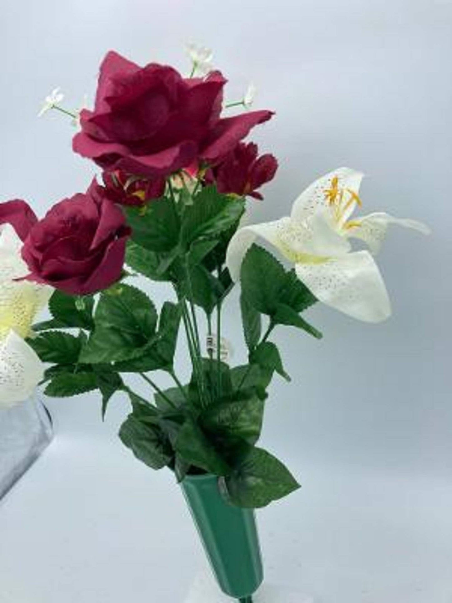 Cemetery Silk Flower Vase  Dark Red Roses and Lilies Bouquet