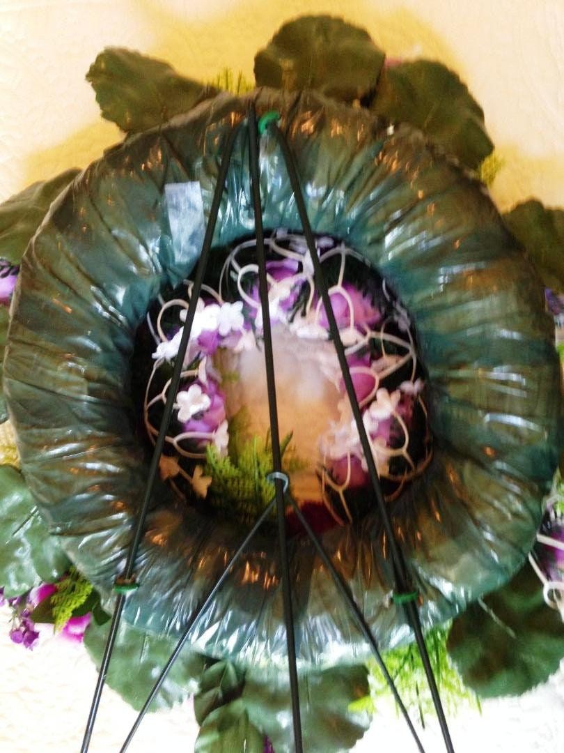 Cemetery WREATH on Easel Mount with PURPLE  Rose & Carnations for grave-site presentation in remembrance of loved ones -