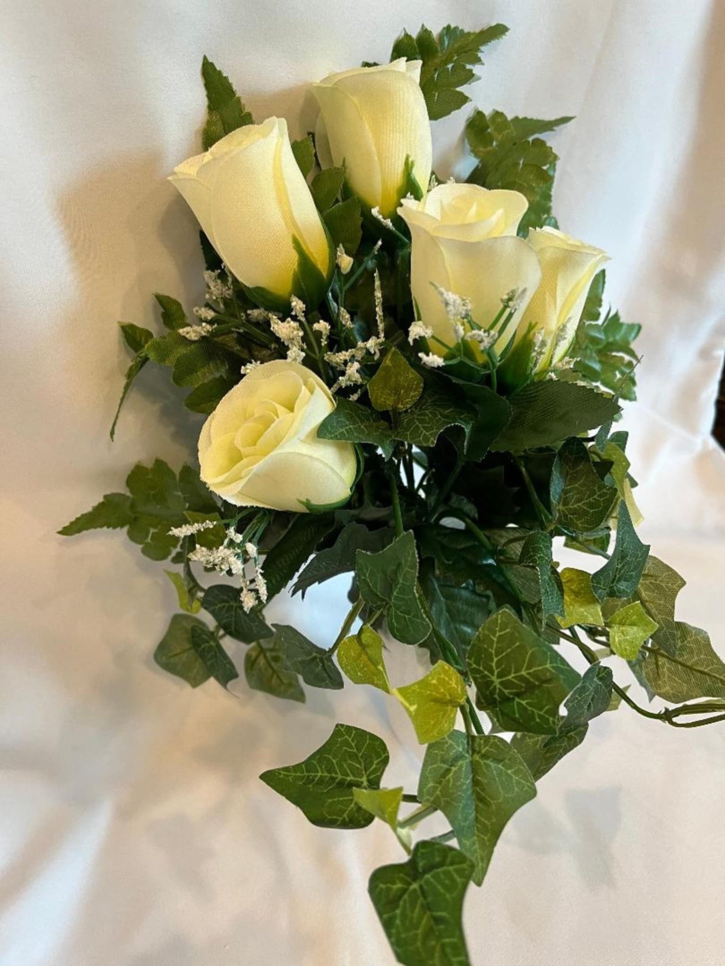 Silk Flower CRYPT / MAUSOLEUM Bouquet (No Vase) of WHITE Roses w/ Baby's Breath Ivy for Presentation in Remembrance of Loved Ones -