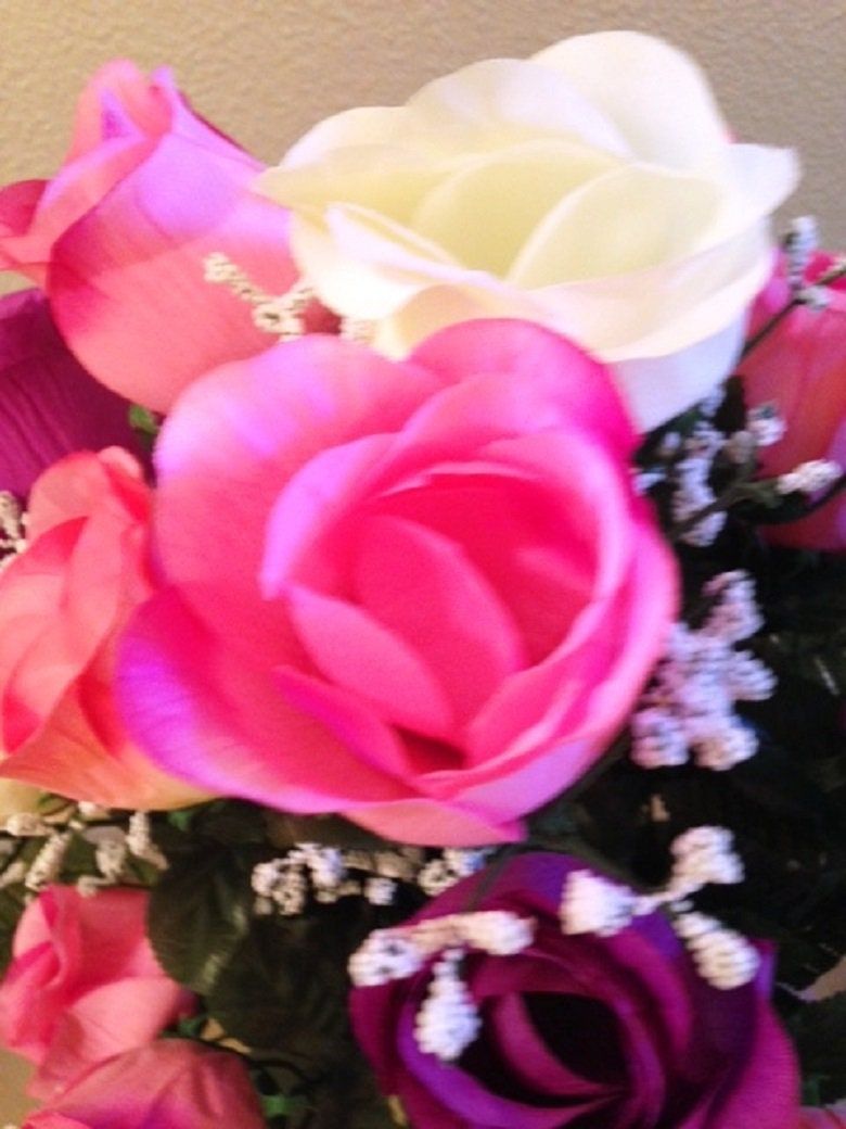Cemetery VASE of ROSES Galore DELUXE Pink / Purple / White  for Grave-site Presentation in Remembrance of Loved Ones -