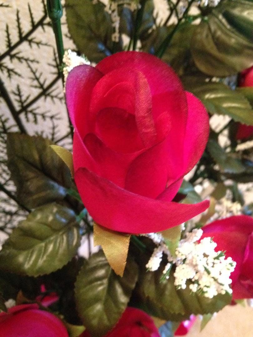 Cemetery Silk flower RED ROSEBUDS, Hoop Handle for Grave-site Presentation in Remembrance of Loved Ones -