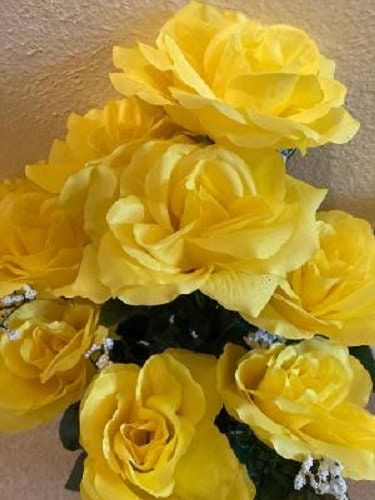 Cemetery VASE of Silk ROSES in Deluxe Yellow for Grave-site Presentation in Remembrance of Loved Ones -
