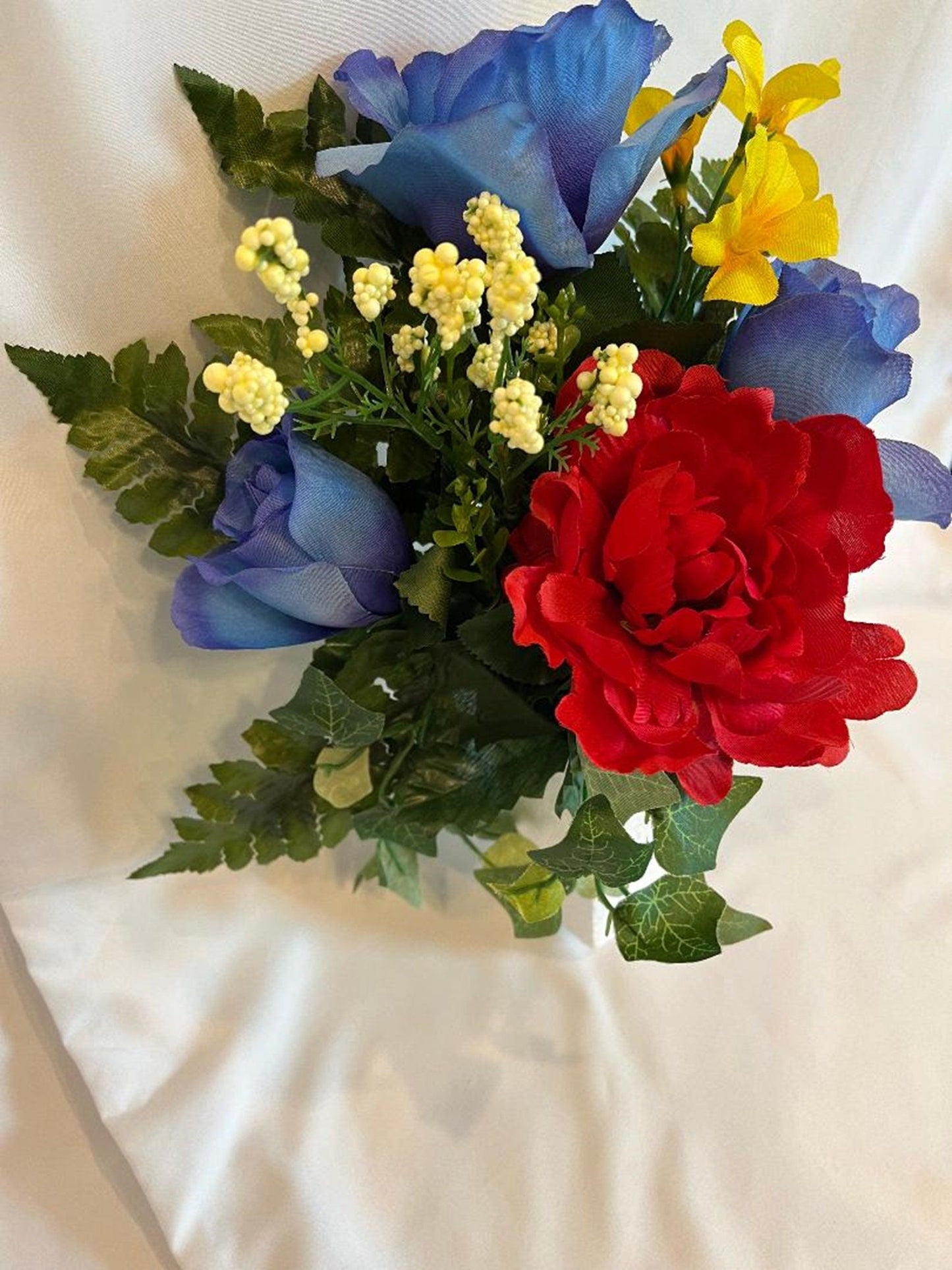 Crypt Mausoleum Silk Flower 3 Blue Roses & Red Delphinium plus Baby's Breath / Ivy Greenery (NO VASE)