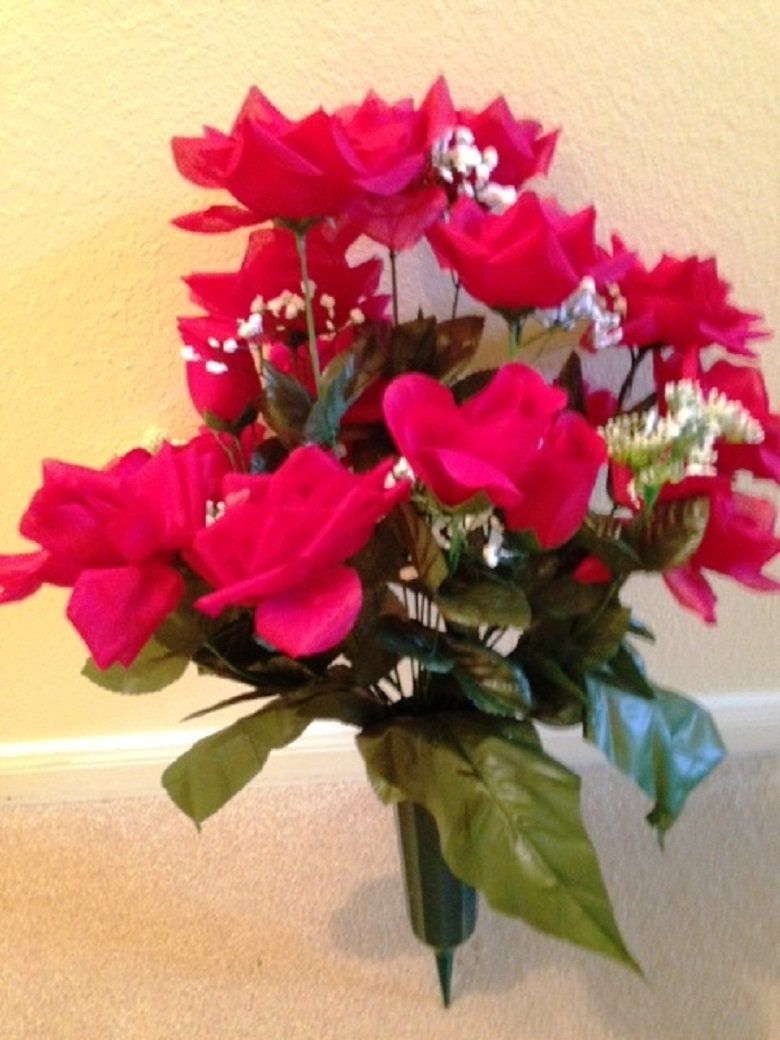 Cemetery Vase Red ROSES in Deluxe Open RED for Grave-site Presentation in Remembrance of Loved Ones -