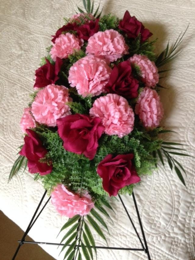 FLOWER Cemetery SPRAY on Easel in Pink Silk Roses & Carnations for Grave-site Presentation in Remembrance of Loved Ones -