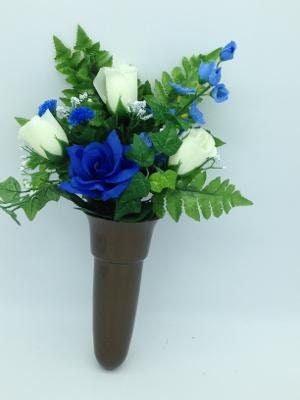 Crypt Mausoleum Vase & Cream Roses Blue Silk Flowers w/ Button Bolt Support