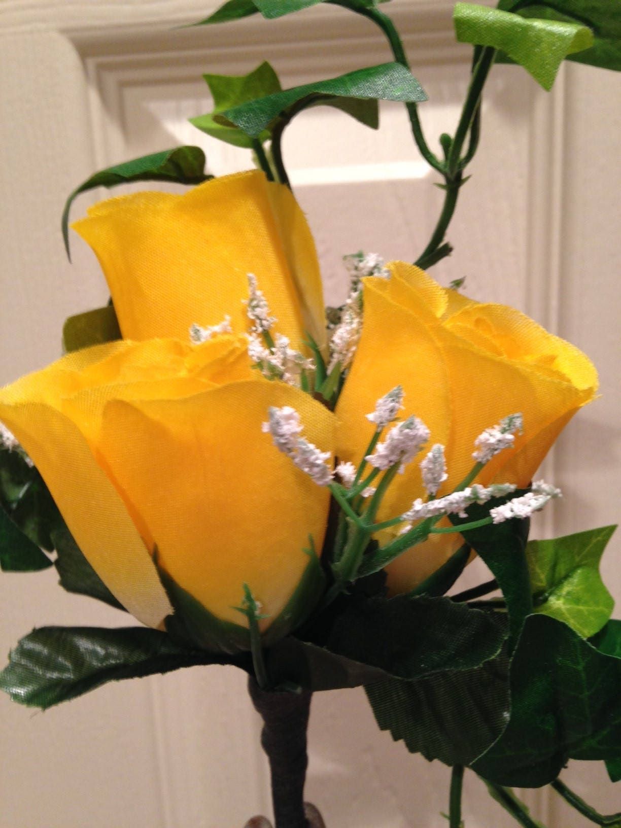 Niche / Crypt Silk Flower arrangement of Yellow Rose Baby's Breath Ivy - NO Vase