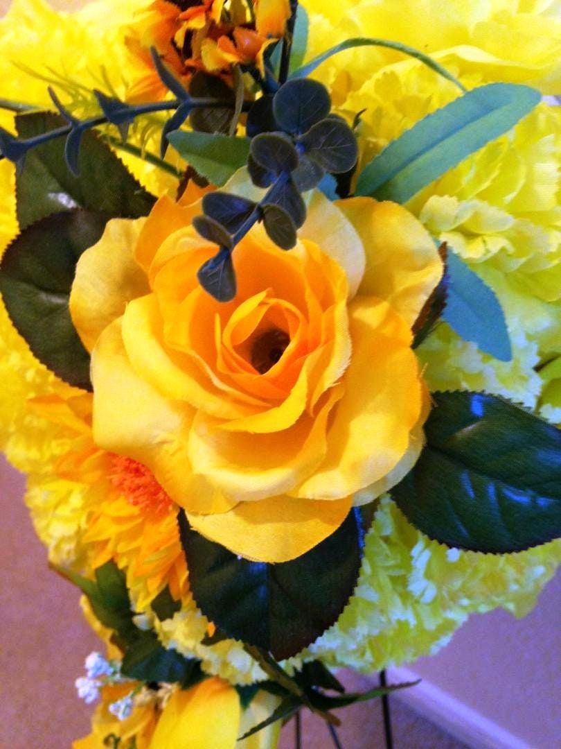 FLOWER Cemetery HEART on easel in Silk Yellow Roses & Carnations for grave-site presentation in remembrance of loved ones -