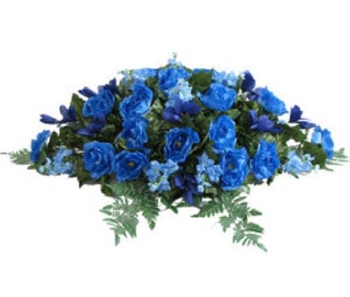 FLOWER Cemetery SADDLE in Deluxe Silk BLUE for Grave-site Presentation in Remembrance of Loved Ones.