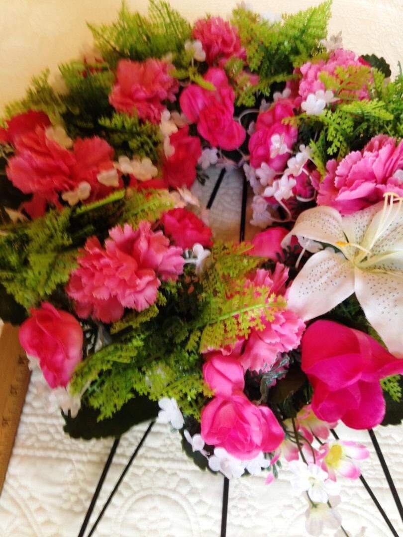 Cemetery Wreath on Easel in Pink Roses & Carnation for grave-site presentation in remembrance of loved ones. Easel Mounted