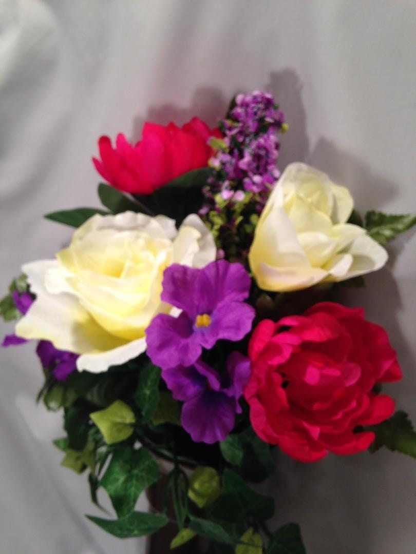Crypt Mausoleum Vase & Silk Flowers with Ring Bolt Support