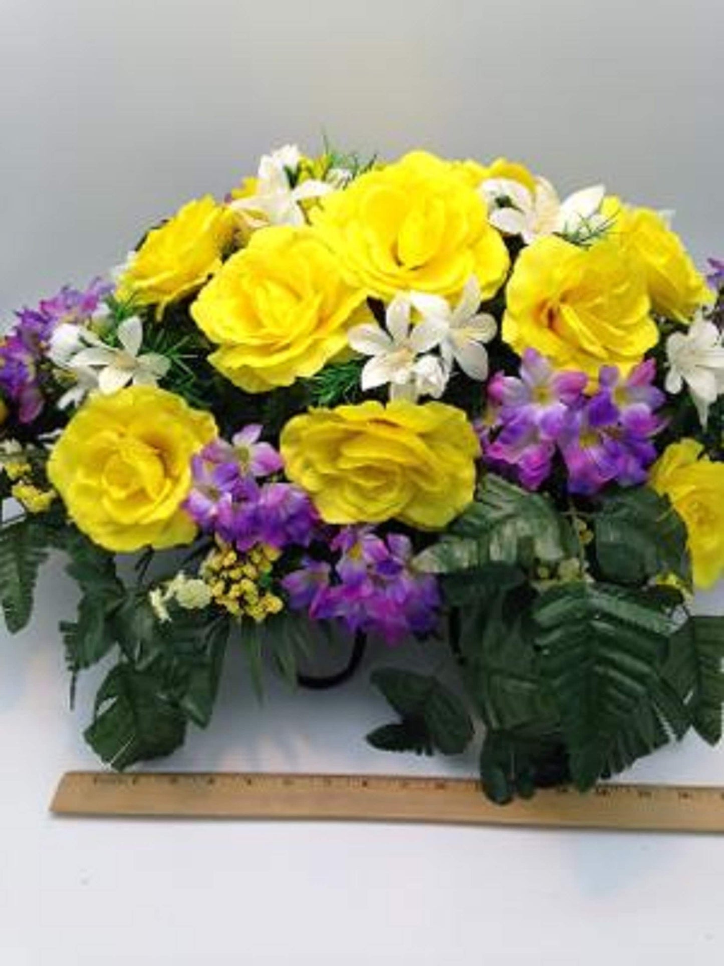 Cemetery Silk FLOWER SADDLE for Headstone Mounting in YELLOW for Grave-site Presentation in Remembrance of Loved Ones -