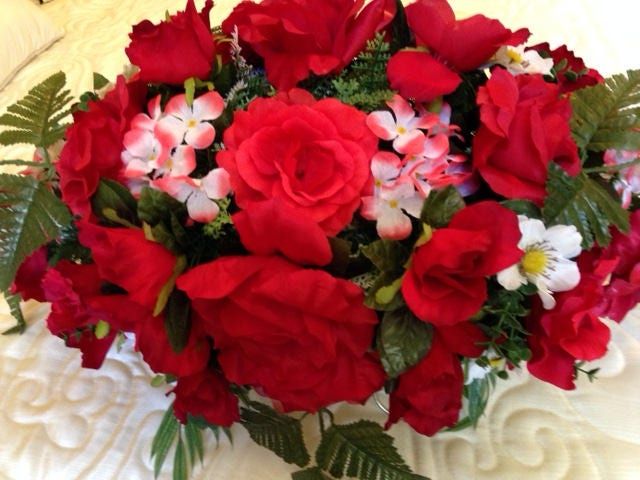 FLOWER Cemetery SADDLE for Headstone Mount in Silk Red and White for Grave-site Presentation in Remembrance of Loved Ones -