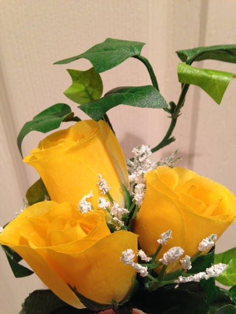 Niche / Crypt Silk Flower arrangement of Yellow Rose Baby's Breath Ivy - NO Vase