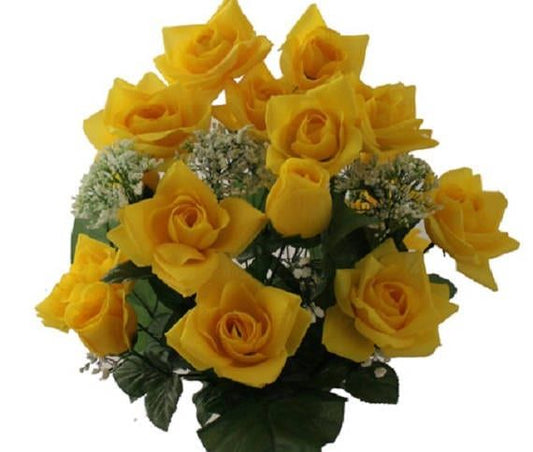 Cemetery VASE Silk ROSES in Yellow for Grave-site Presentation in Remembrance of Loved Ones -