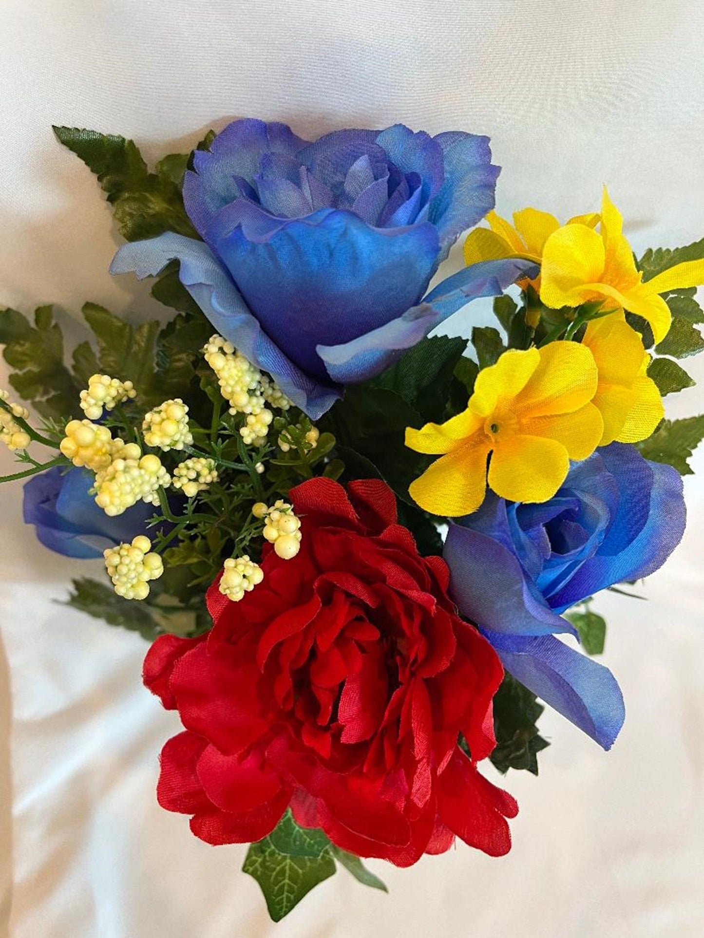 Crypt Mausoleum Silk Flower 3 Blue Roses & Red Delphinium plus Baby's Breath / Ivy Greenery (NO VASE)