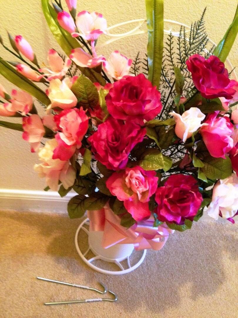 Cemetery Silk Flower Pink and Dark Red ROSE PEONY Gladiola Hoop Handle Basket for Grave-site Presentation in Remembrance of Loved Ones -