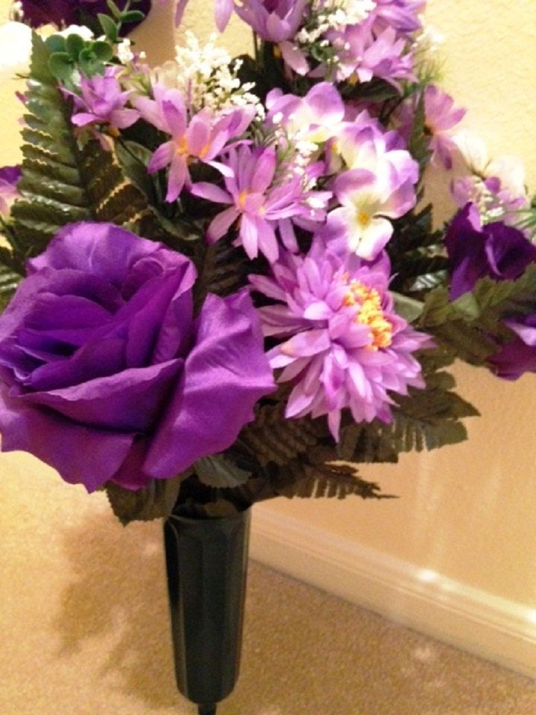 Cemetery VASE of ROSES HYDRANGEA Daisies Deluxe Purple for Grave-site Presentation in Remembrance of Loved Ones -