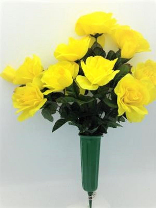 Cemetery Silk Flower Vase YELLOW Open Rose Bouquet