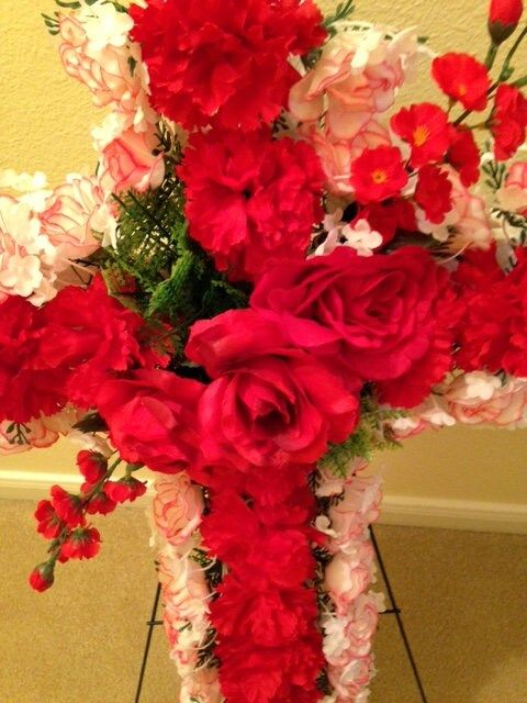 Cemetery SILK FLOWER CROSS in Red Deluxe Easel Mount for Grave-site Presentation in Remembrance of Loved Ones -