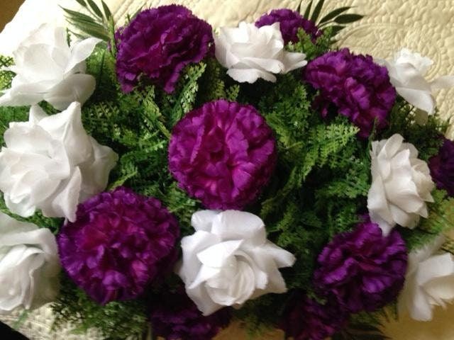 Cemetery SPRAY of SILK Flowers, easel mount in PURPLE for Grave-site Presentation in Remembrance of Loved Ones. Easel Mounted