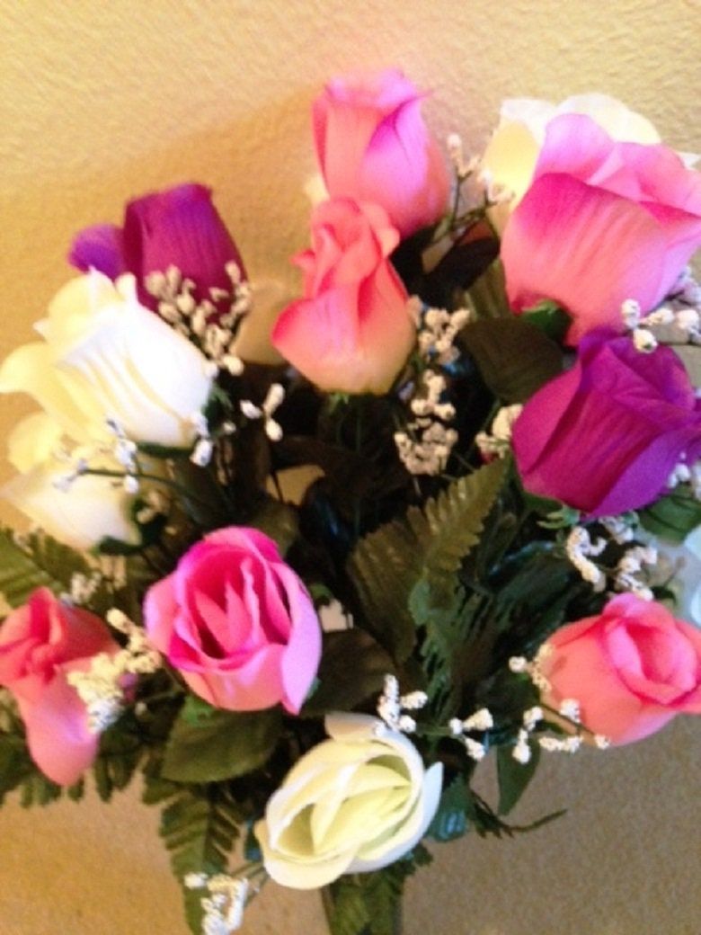 Cemetery VASE of ROSES Galore DELUXE Pink / Purple / White  for Grave-site Presentation in Remembrance of Loved Ones -