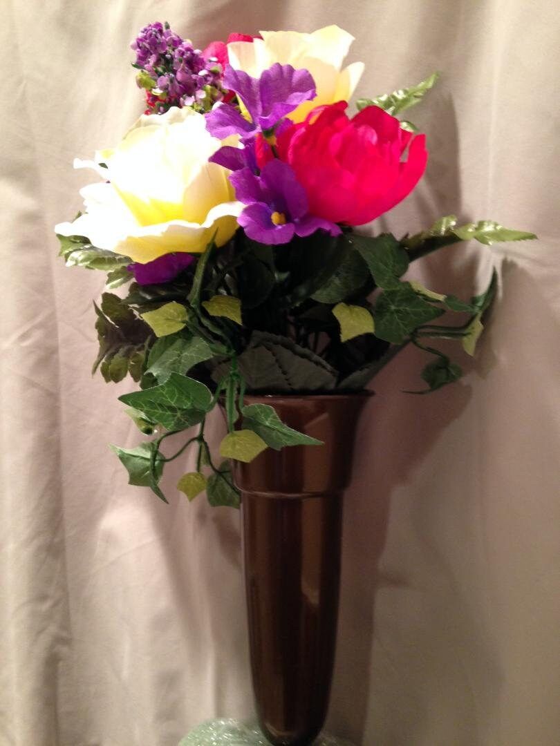 Crypt Mausoleum Vase & Silk Flowers with Ring Bolt Support