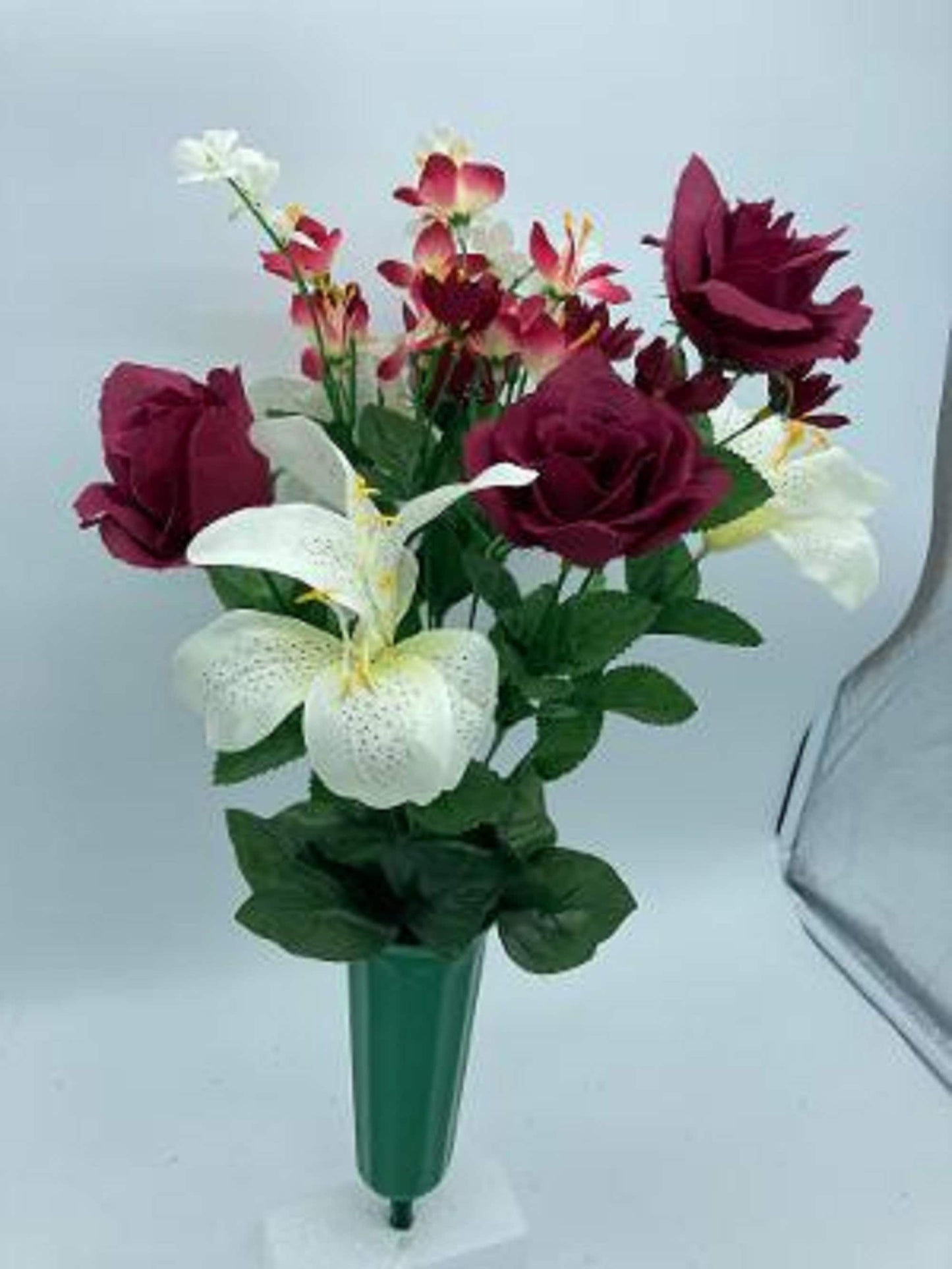 Cemetery Silk Flower Vase  Dark Red Roses and Lilies Bouquet