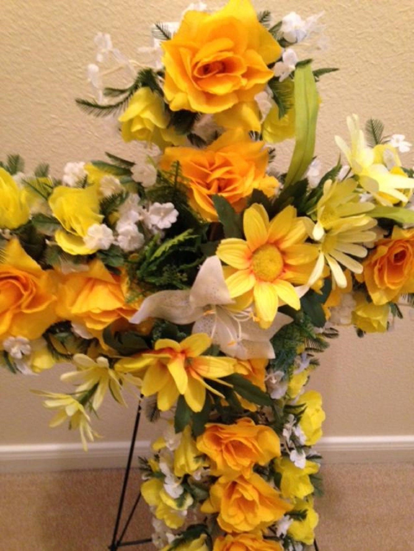 FLOWER Cemetery CROSS Yellow Roses - Carnations on easel for Grave-site Presentation in Remembrance of Loved Ones -