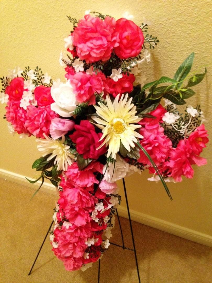 Cemetery Silk Flower CROSS in PINK Easel Mount for Grave-site Presentation in Remembrance of Loved Ones -