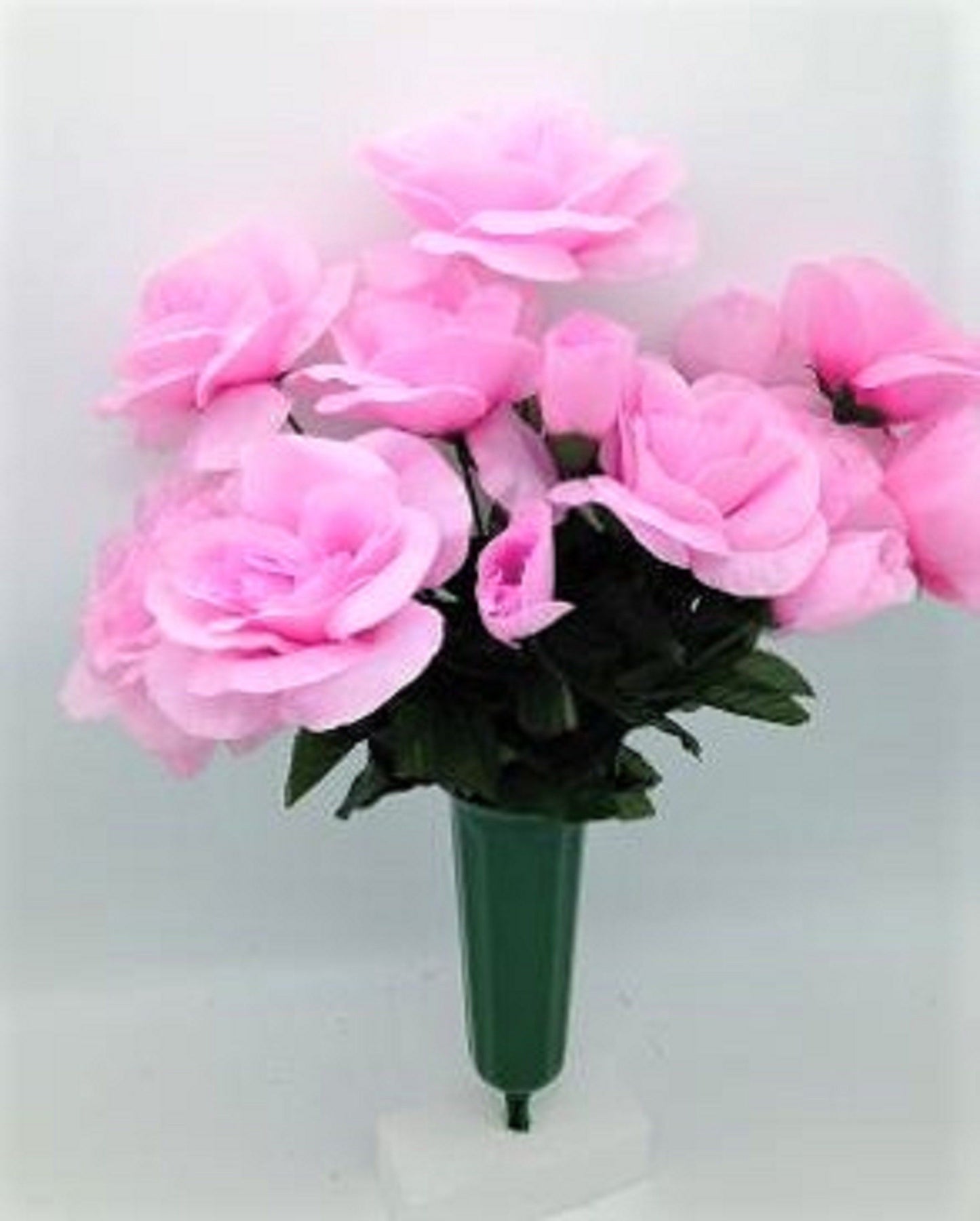 Cemetery Silk Flower Vase PINK Open Rose Bouquet