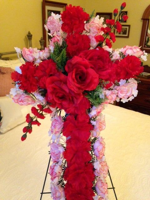Cemetery SILK FLOWER CROSS in Red Deluxe Easel Mount for Grave-site Presentation in Remembrance of Loved Ones -