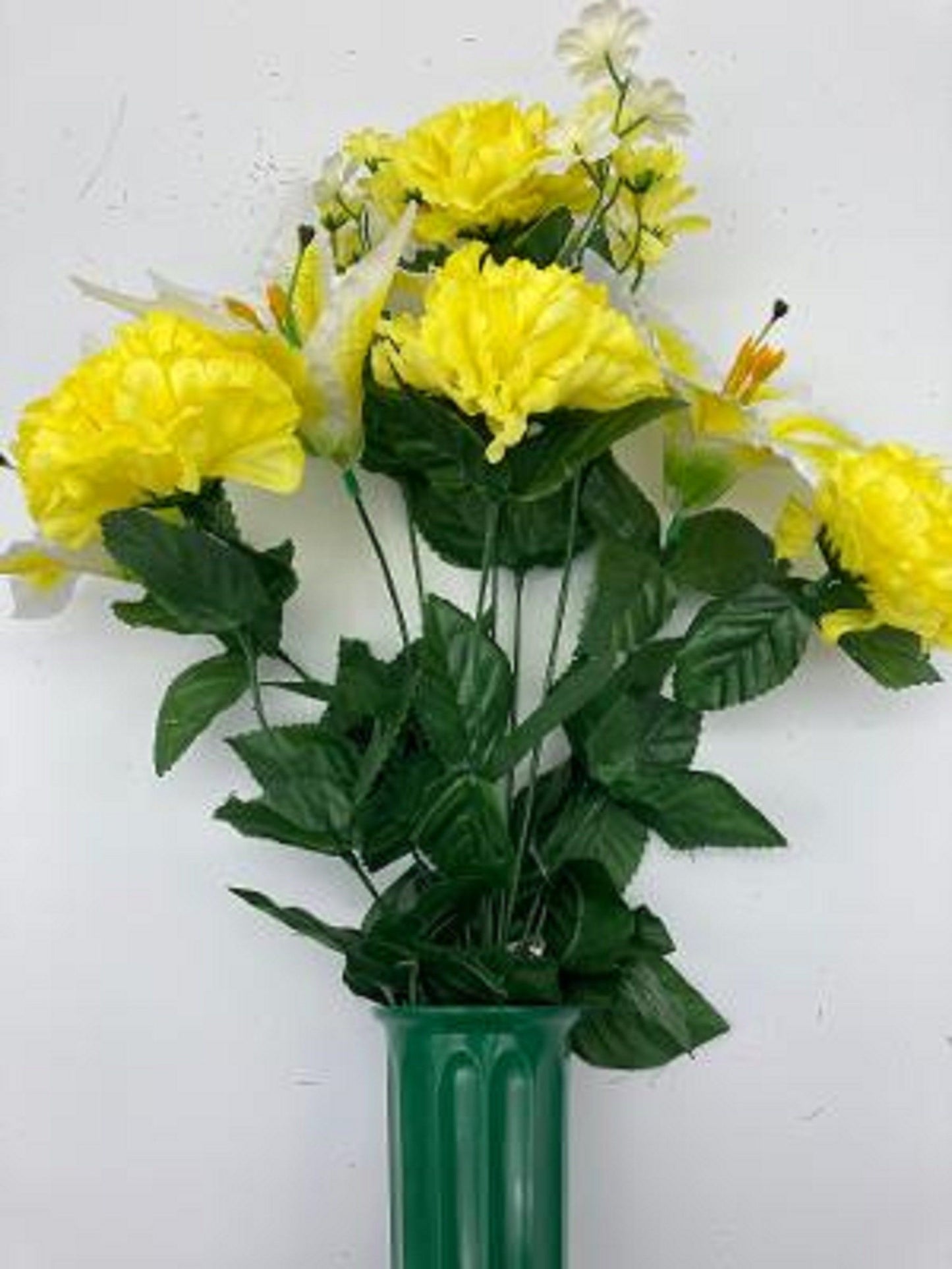 DIY Cemetery Silk Flower Bouquet YELLOW Carnations WHITE Lilies  for Grave-site Present in Remembrance of Loved Ones Or Home Garden -