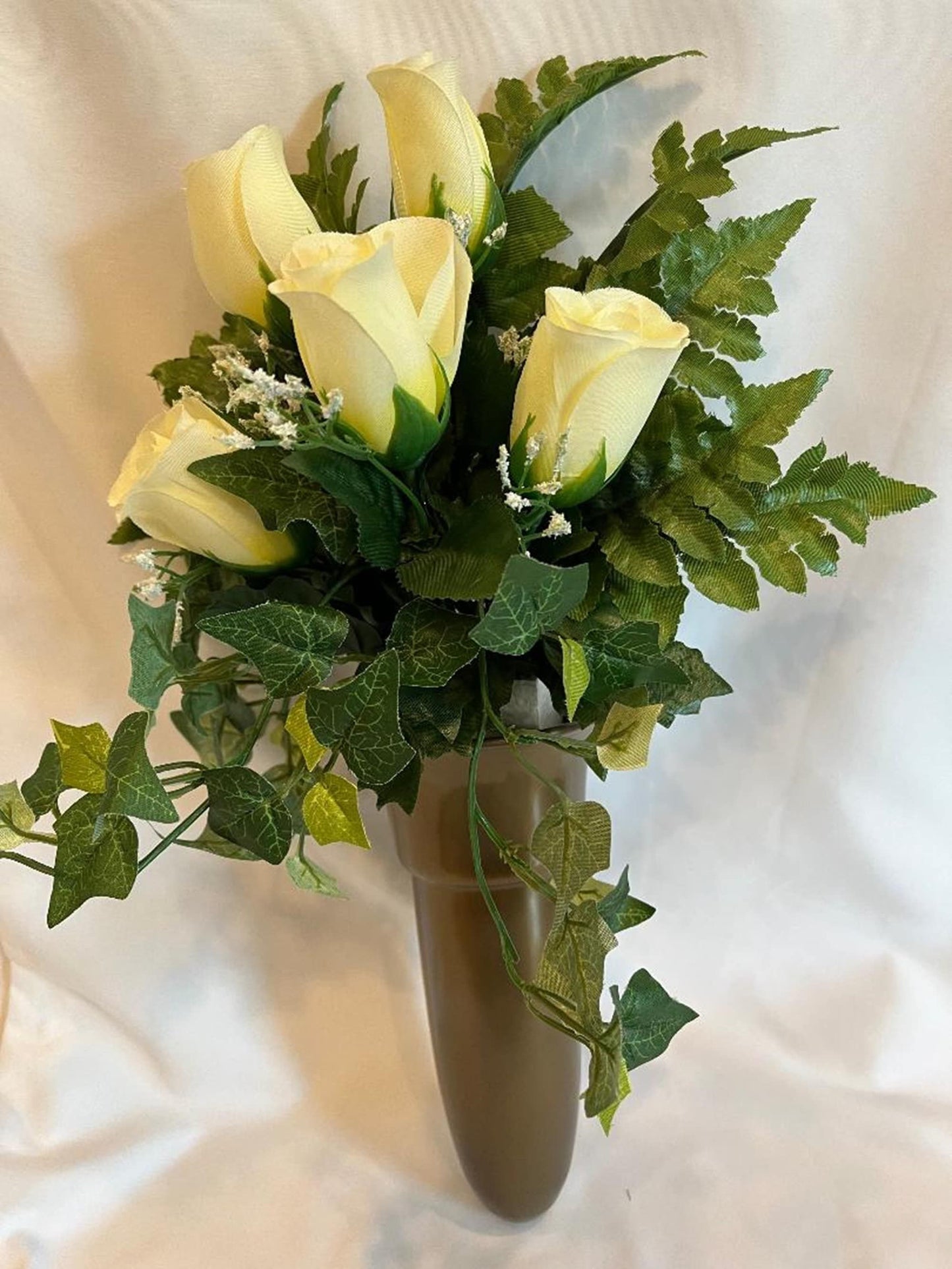 Silk Flower CRYPT / MAUSOLEUM Bouquet (No Vase) of WHITE Roses w/ Baby's Breath Ivy for Presentation in Remembrance of Loved Ones -