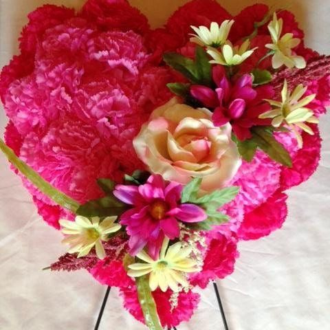 FLOWER Cemetery HEART on Easel with Silk Pink Carnations  for grave-site presentation in remembrance of loved ones -