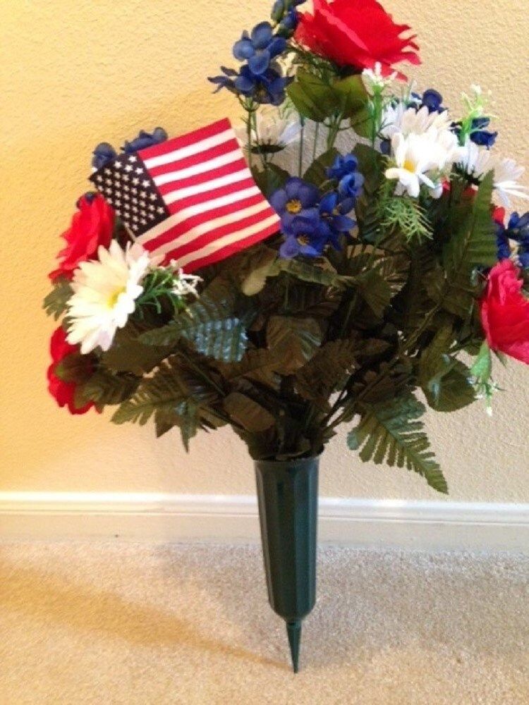 Cemetery Flower Vase of ROSE DAISY USA flowers for Grave-site Presentation in Remembrance of Loved Ones -