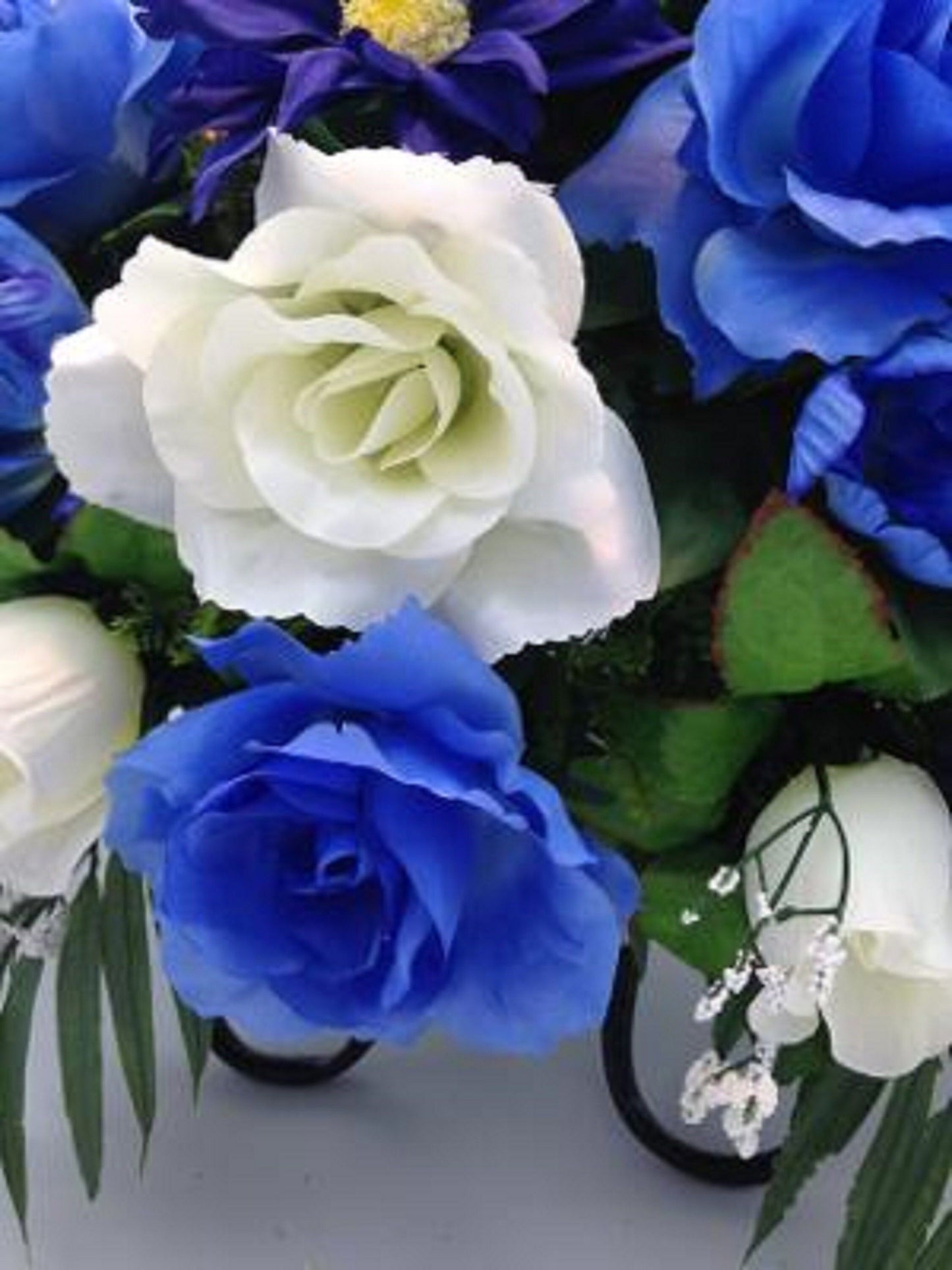FLOWER Cemetery SADDLE in Deluxe Silk BLUE for Grave-site Presentation in Remembrance of Loved Ones.