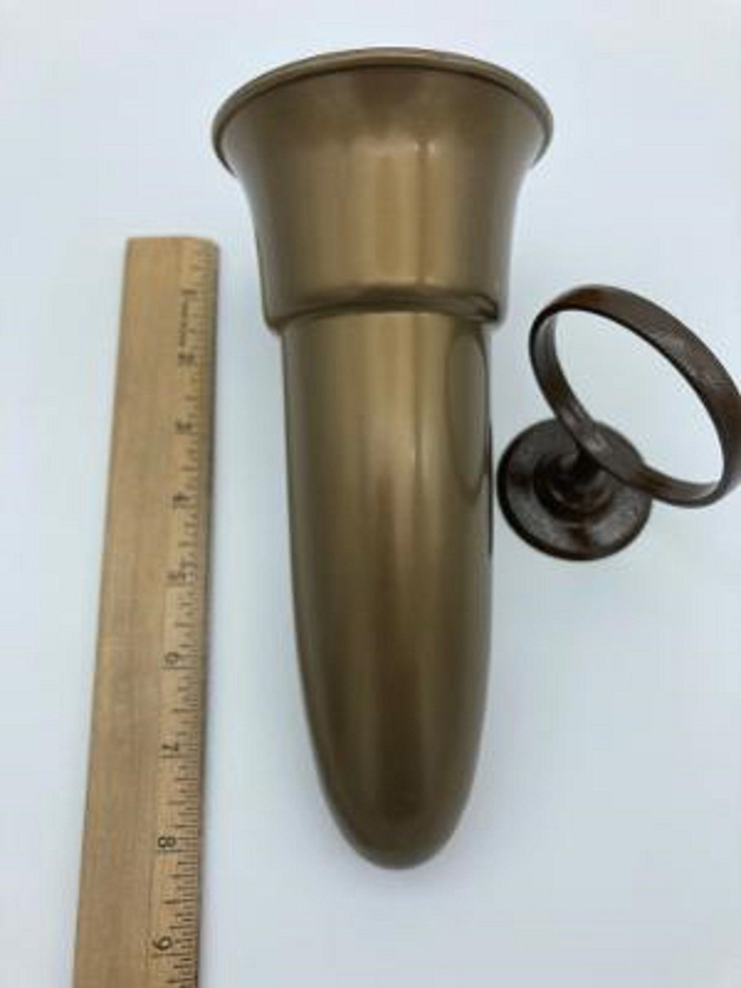 Crypt / Mausoleum  Flower GOLD Vase - 7.75 IN  Brown /  Bronze  w/ 2 IN Disc Base Ring Support -