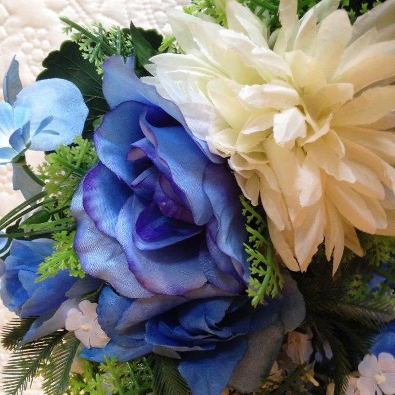 Cemetery WREATH on easel in BLUE Silks Large Deluxe  for grave-site presentation in remembrance of loved ones -