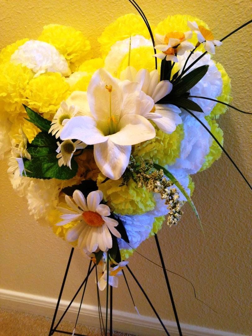FLOWER Cemetery HEART on easel in Silk Yellow Roses & Carnations for grave-site presentation in remembrance of loved ones -