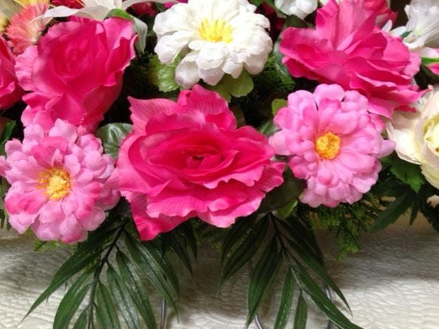 FLOWER Cemetery SADDLE for Headstone Mount in Silk Pink Carnations & Roses for Grave-site Presentation in Remembrance of Loved Ones -