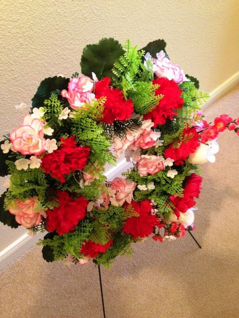 Cemetery WREATH on Easel in Silk RED Roses & Carnations for grave-site presentation in remembrance of loved ones -