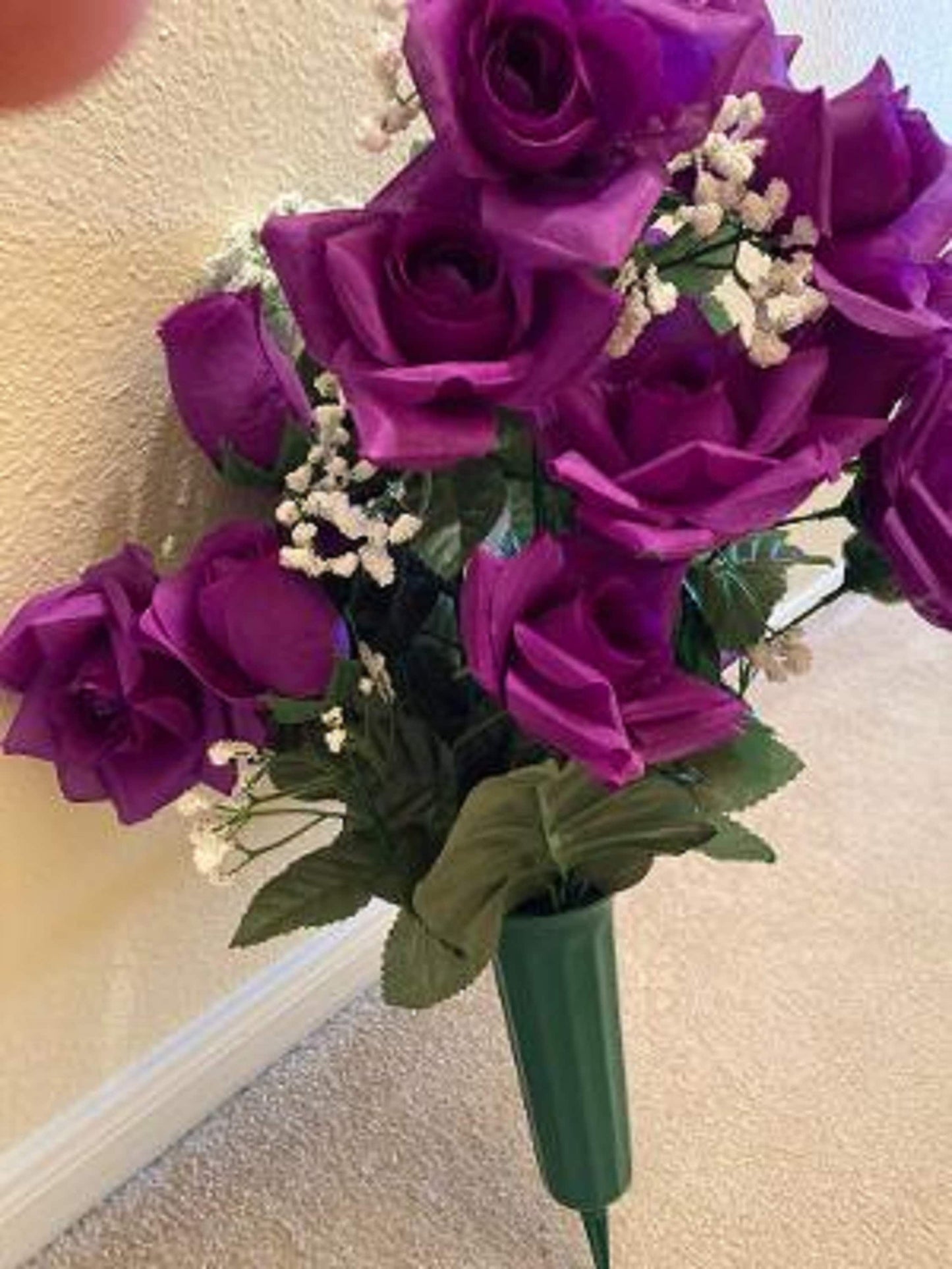 Cemetery Vase of Silk ROSES Deluxe for Grave-site Presentation in Remembrance of Loved Ones -