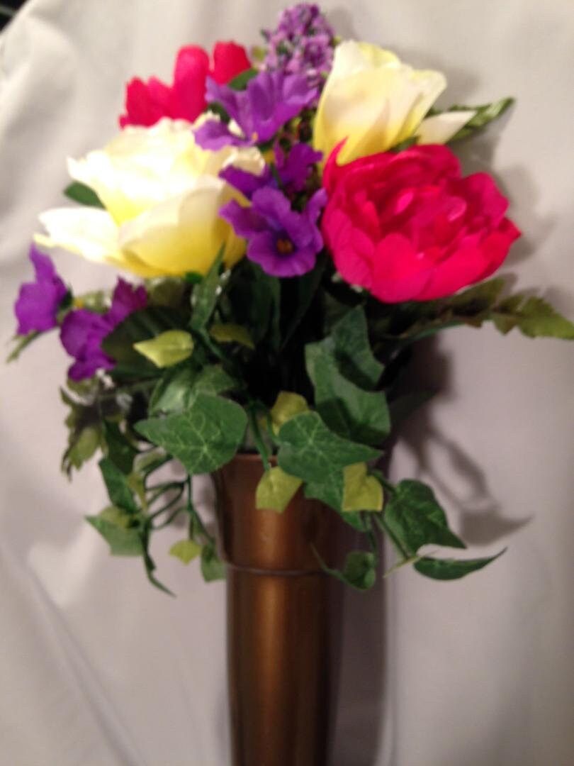 Silk Flowers and Crypt Mausoleum Vase with Button Bolt Support