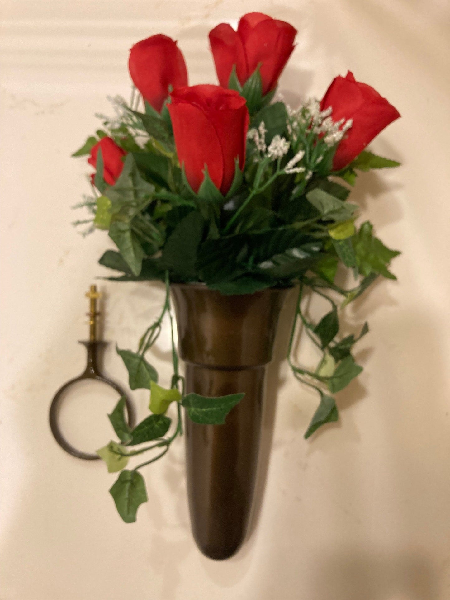 Crypt Mausoleum Vase & Red Rose Silk Flowers w/ Ring Bolt Support for Inverted "V"