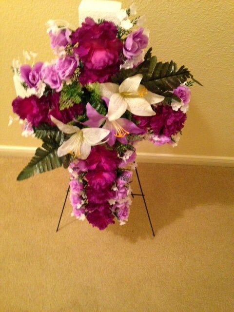 Cemetery Flower CROSS on Easel in Silk Purple Roses & Carnations for Grave-site Presentation in Remembrance of Loved Ones -