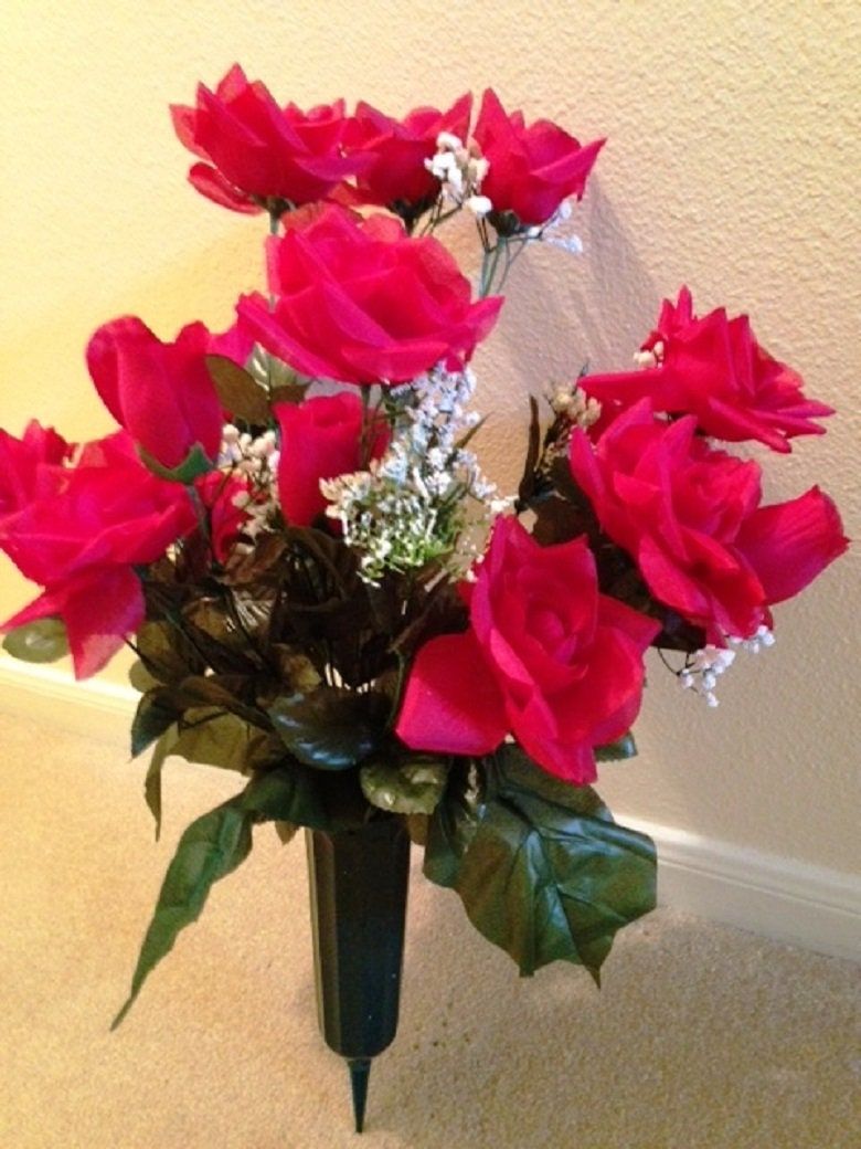 Cemetery Vase Red ROSES in Deluxe Open RED for Grave-site Presentation in Remembrance of Loved Ones -