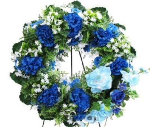 Cemetery WREATH on easel in BLUE Silks Large Deluxe  for grave-site presentation in remembrance of loved ones -