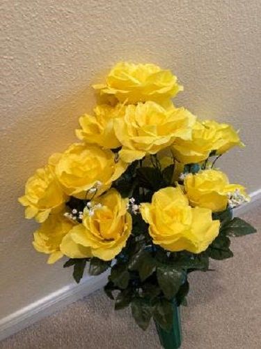 Cemetery VASE of Silk ROSES in Deluxe Yellow for Grave-site Presentation in Remembrance of Loved Ones -